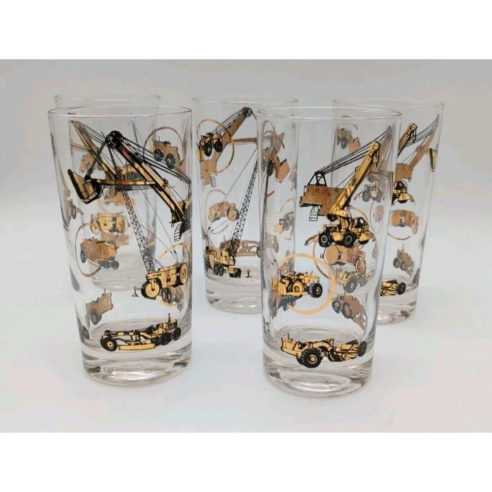 5 Black Gold Highball Tumblers Construction Equipment Crane Bulldozer Grader